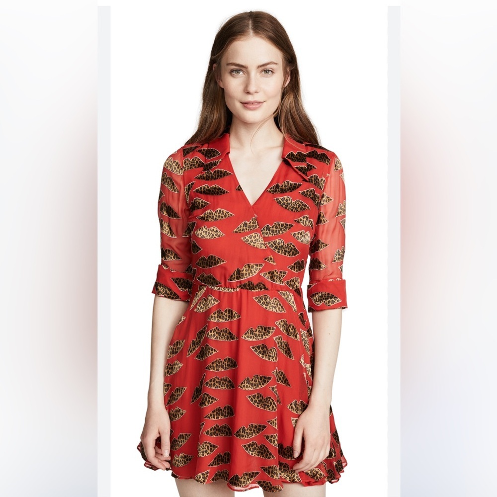 ALICE AND OLIVIA x Donald Robertson Catina Faux-wrap Cheetah Lips dress‎